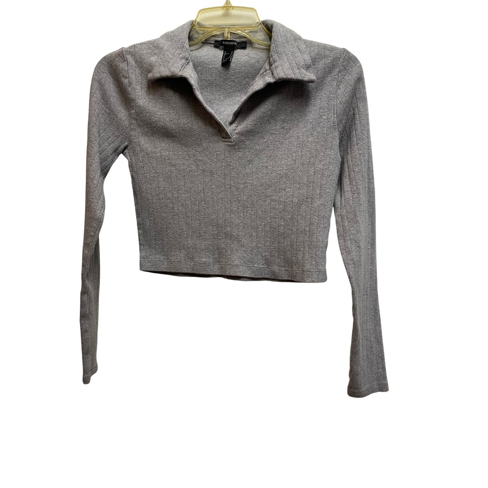 Forever 21 Womens Gray Ribbed Long Sleeve Crop Top Polo Collar V-Neck Size M